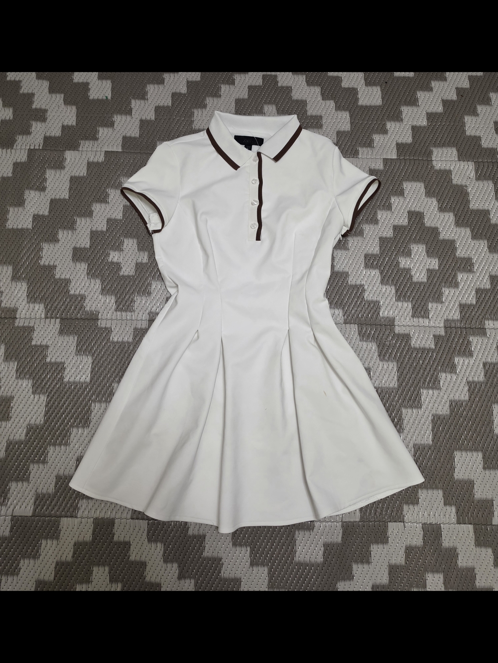 ZARA Pleated Polo Dress Small White Brown Trim Short Sleeve Tennis Skater Y2K